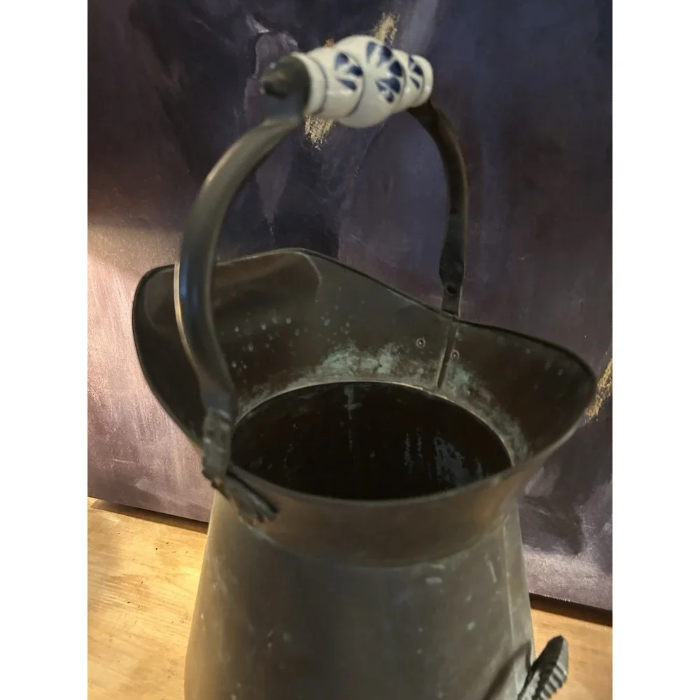 antique vintage coal scuttle made brass distinctive Delft blue porcelain handle